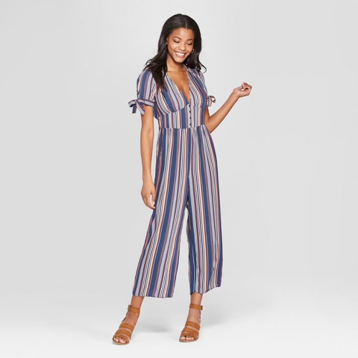 Women's Striped Short Sleeve V-neck Button Front Jumpsuit - Xhilaration Navy