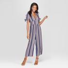 Women's Striped Short Sleeve V-neck Button Front Jumpsuit - Xhilaration Navy