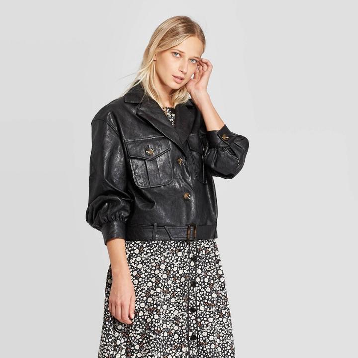 Women's Long Sleeve Turnover Collar Front Button-down Shrunken Leather Jacket - Who What Wear Black M,