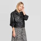 Women's Long Sleeve Turnover Collar Front Button-down Shrunken Leather Jacket - Who What Wear Black M,