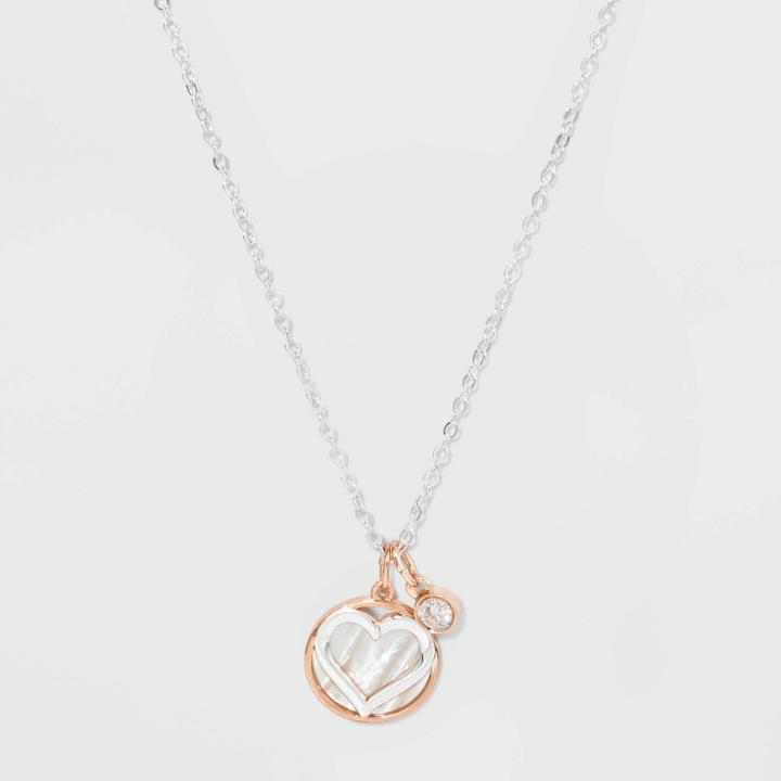 No Brand Heart Mother Of Pearl Inlay Two Tone Necklace - Silver, Women's,