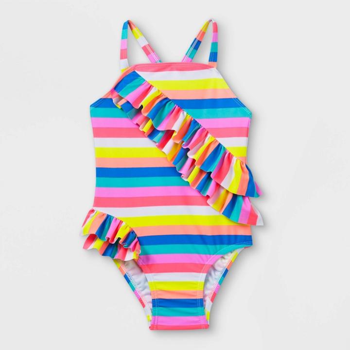 Toddler Girls' Striped Ruffle One Piece Swimsuit - Cat & Jack Pink