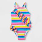 Toddler Girls' Striped Ruffle One Piece Swimsuit - Cat & Jack Pink