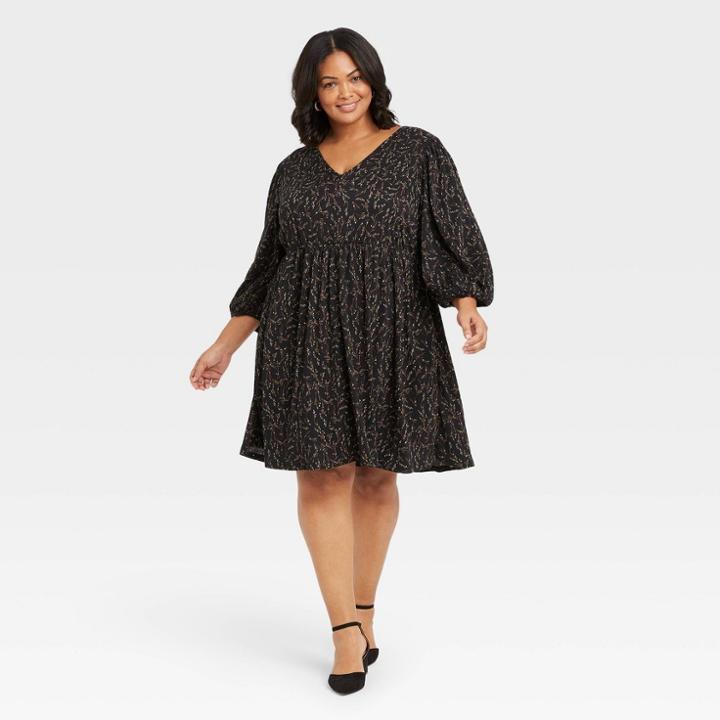 Women's Plus Size Floral Print Long Sleeve Knit Babydoll Dress - Ava & Viv Black X
