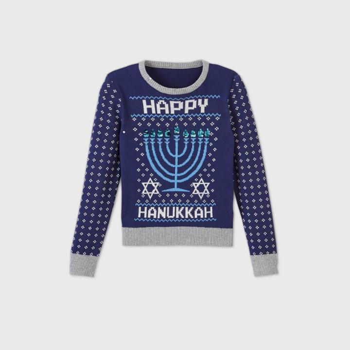 Well Worn Girls' 'happy Hanukkah' Pullover Sweater - Blue