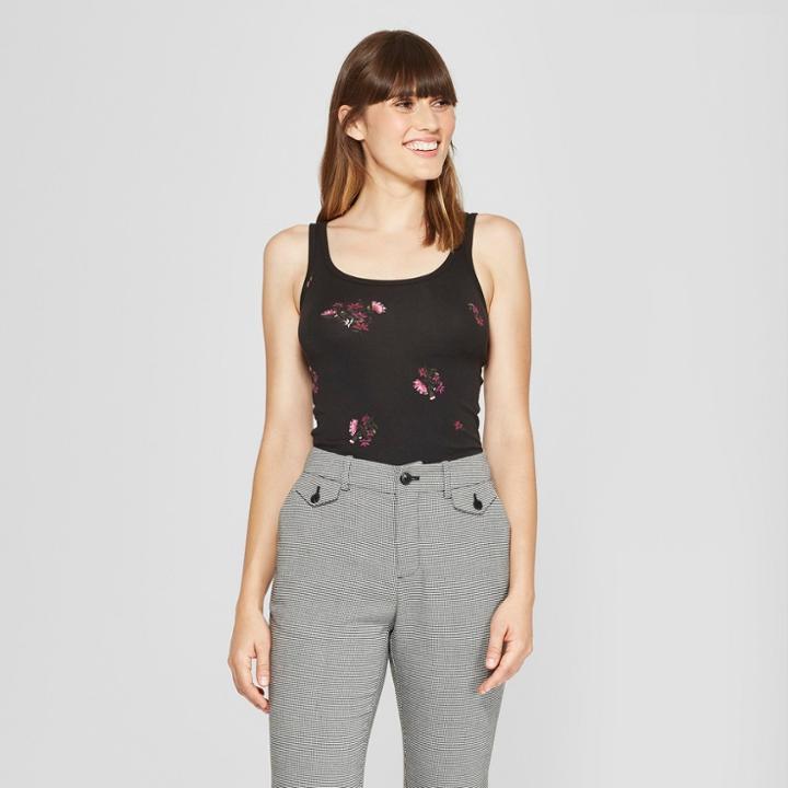 Women's Slim Fit Any Day Floral Print Tank - A New Day Black/pink