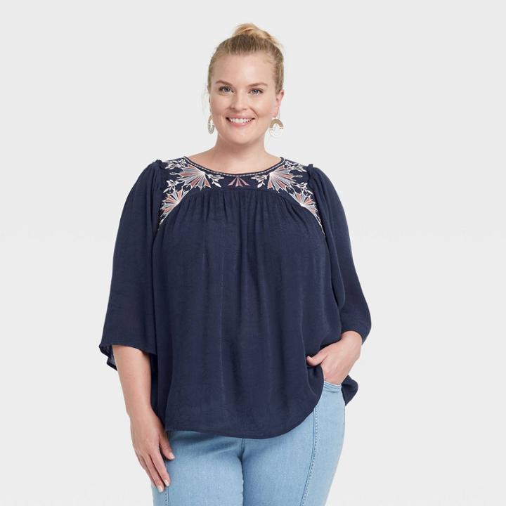 Women's Plus Size Short Sleeve Round Neck Embroidered Blouse - Knox Rose Indigo