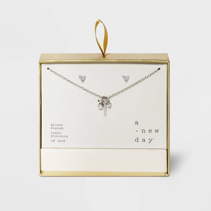 Silver Plated With Cubic Zirconia And Pearl Initial 'i' Charm Cluster Necklace And Earring Set - A New Day