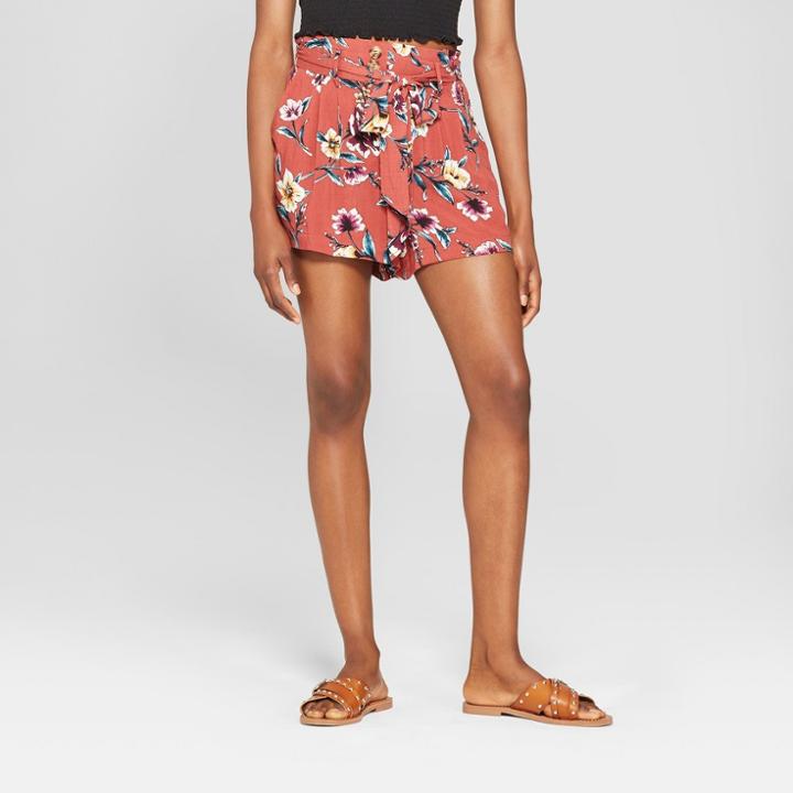 Women's Floral Print Paperbag Waist Woven Shorts - Xhilaration Red