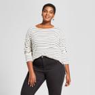 Women's Plus Size Striped Long Sleeve Drapey Boatneck T-shirt - Ava & Viv Black/cream