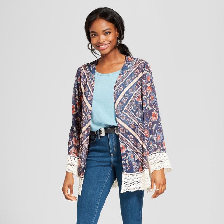 Women's Lace Trim Kimono - Xhilaration Blue