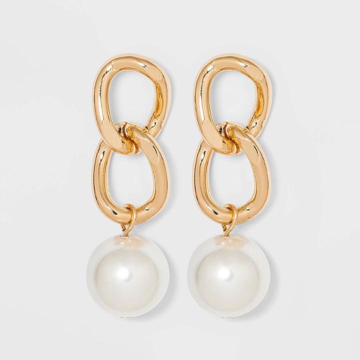 Large Links And Pearl Drop Statement Earrings - A New Day Gold
