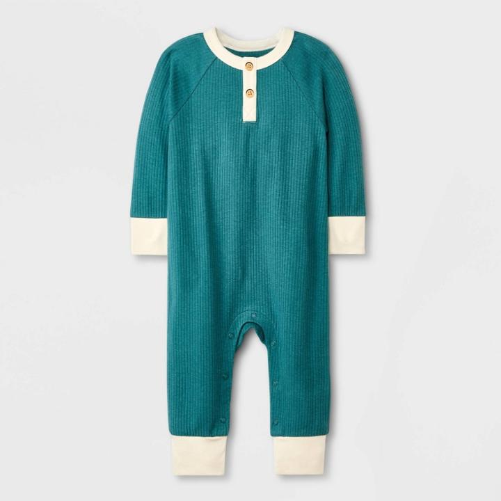 Baby Boys' Ribbed Henley Romper - Cat & Jack Green Newborn