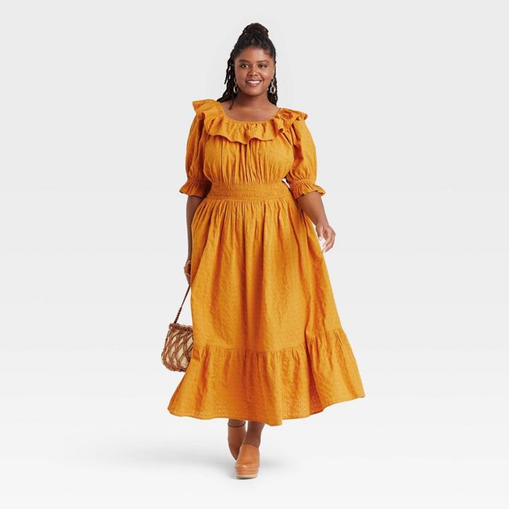 Women's Plus Size Short Sleeve Ruffle Collar Dress - Universal Thread Gold