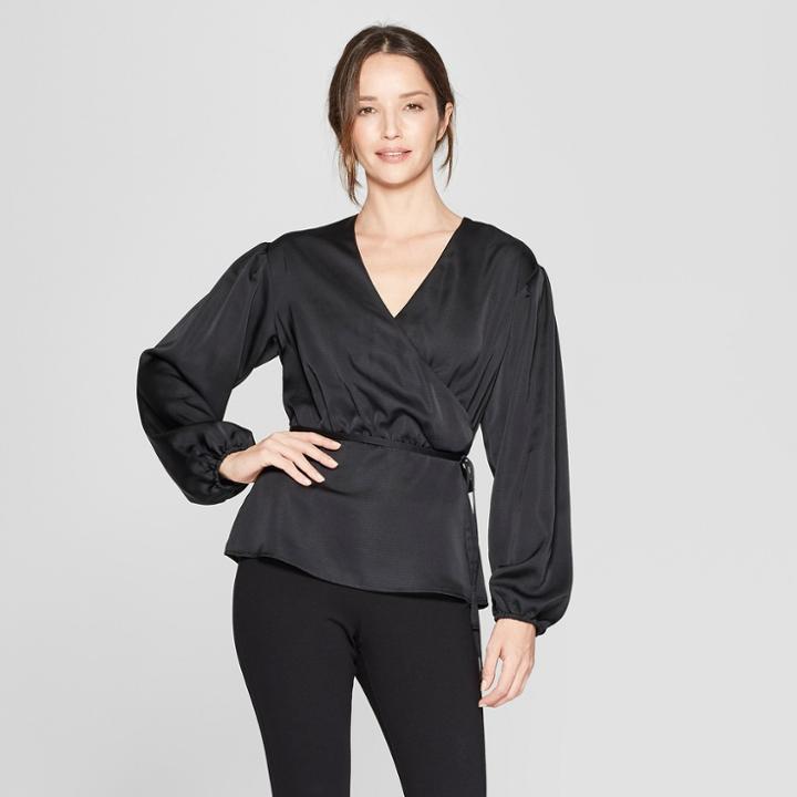 Women's Long Sleeve Wrap Blouse - Prologue Black