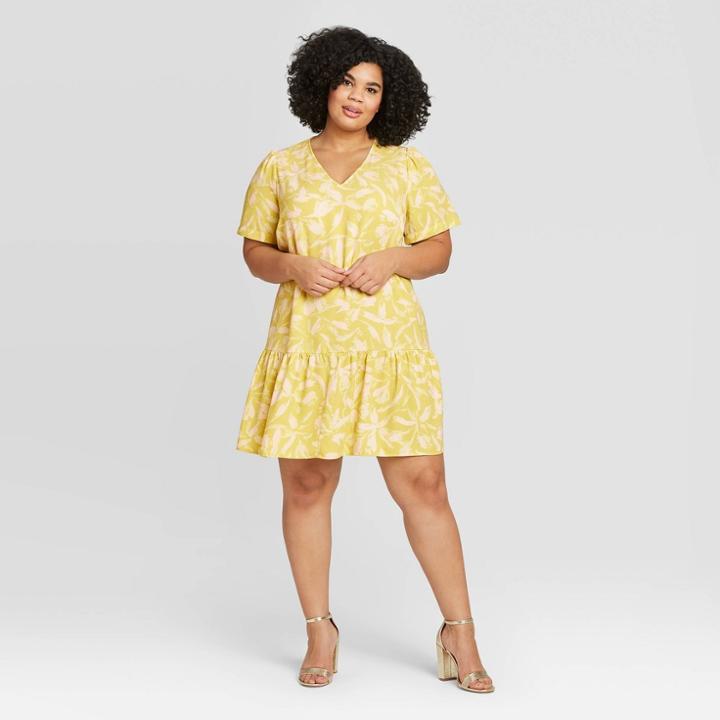 Women's Plus Size Floral Print Short Sleeve Ruffle Hem Dress - A New Day Green 1x, Women's,
