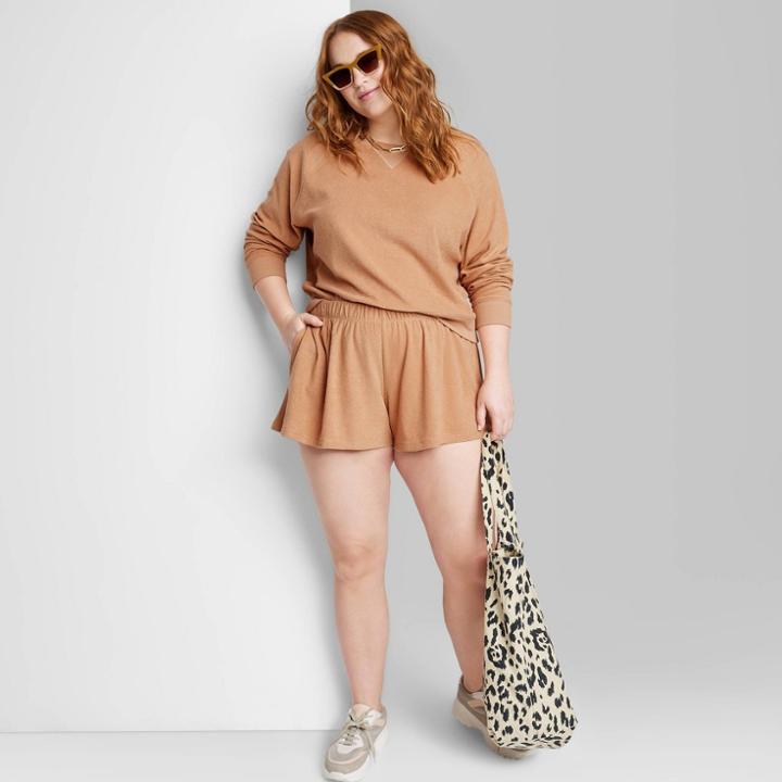 Women's Plus Size Ascot + Hart Terry Cloth Graphic Pull-on Shorts - Tan