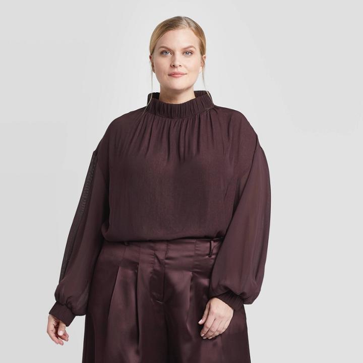 Women's Plus Size Long Sleeve High Neck Mixed Media Top - Prologue Maroon 1x, Women's,