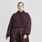 Women's Plus Size Long Sleeve High Neck Mixed Media Top - Prologue Maroon 1x, Women's,