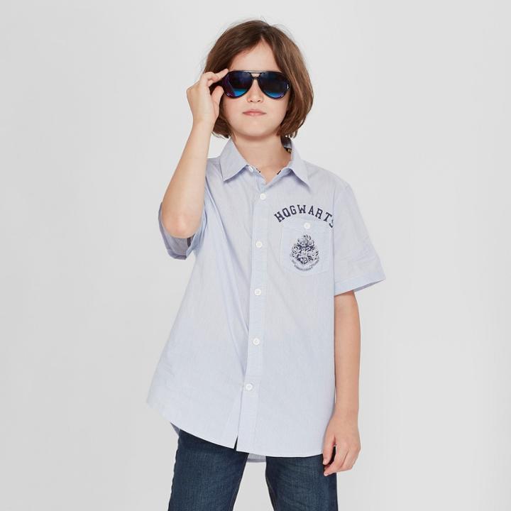Boys' Harry Potter Hogwarts Woven Short Sleeve Button-down Shirt - Light Blue