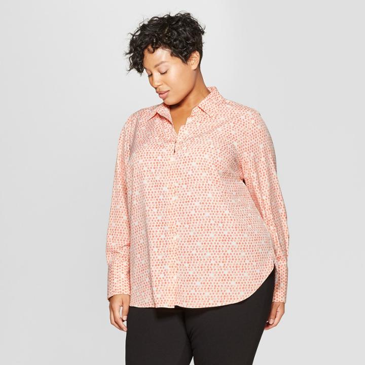 Women's Plus Size Polka Dot Long Sleeve Collared Button-down Blouse - Prologue Pink