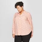 Women's Plus Size Polka Dot Long Sleeve Collared Button-down Blouse - Prologue Pink