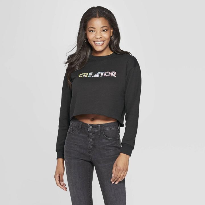 Women's Long Sleeve Creator Cropped Graphic T-shirt - Freeze (juniors') - Black