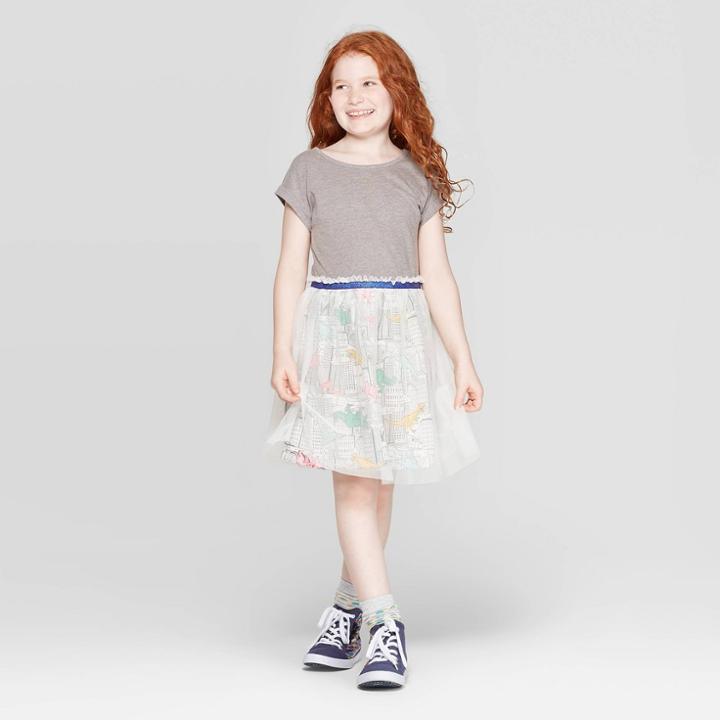 Girls' Dinosaurs Print Tulle Dress - Cat & Jack Gray