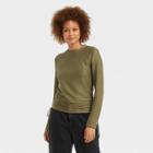 Women's Long Sleeve Round Neck Side-tie Pullover Top - A New Day Olive Green