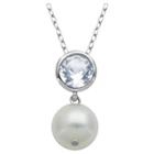 Prime Art & Jewel Genuine White Pearl And Created White Sapphire Pendant Necklace With 18 Chain, Girl's, Pearl/silver Clear