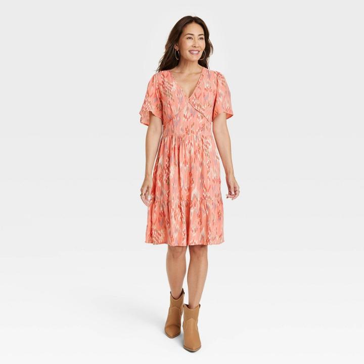 Women's Short Sleeve A-line Dress - Knox Rose Coral Red Floral