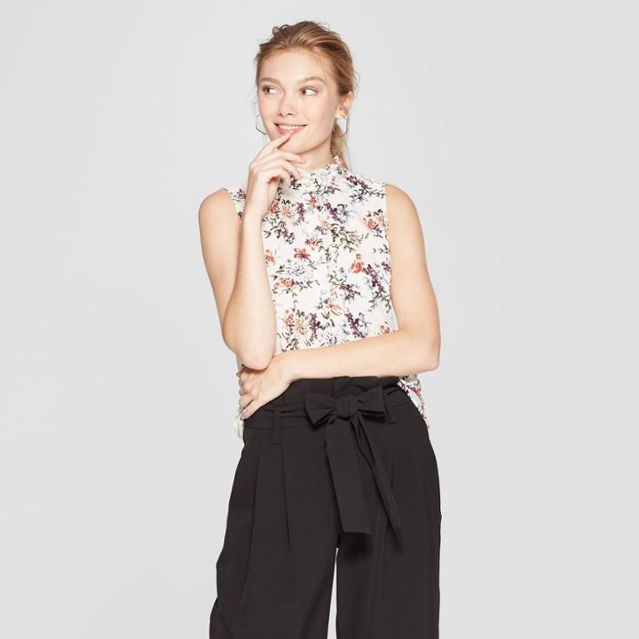 Women's Floral Print Sleeveless High Neck Ruffle Top - A New Day Cream