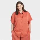 Women's Plus Size Short Sleeve Satin Button-down Shirt - A New Day Orange