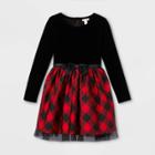 Girls' Velour Buffalo Check Long Sleeve Dress - Cat & Jack Red/black