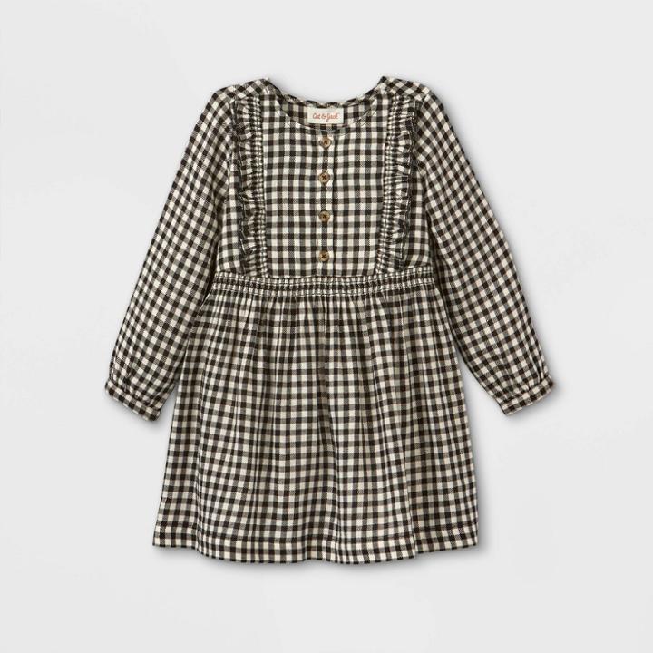 Toddler Girls' Sparkle Plaid Button-front Long Sleeve Dress - Cat & Jack Cream/black