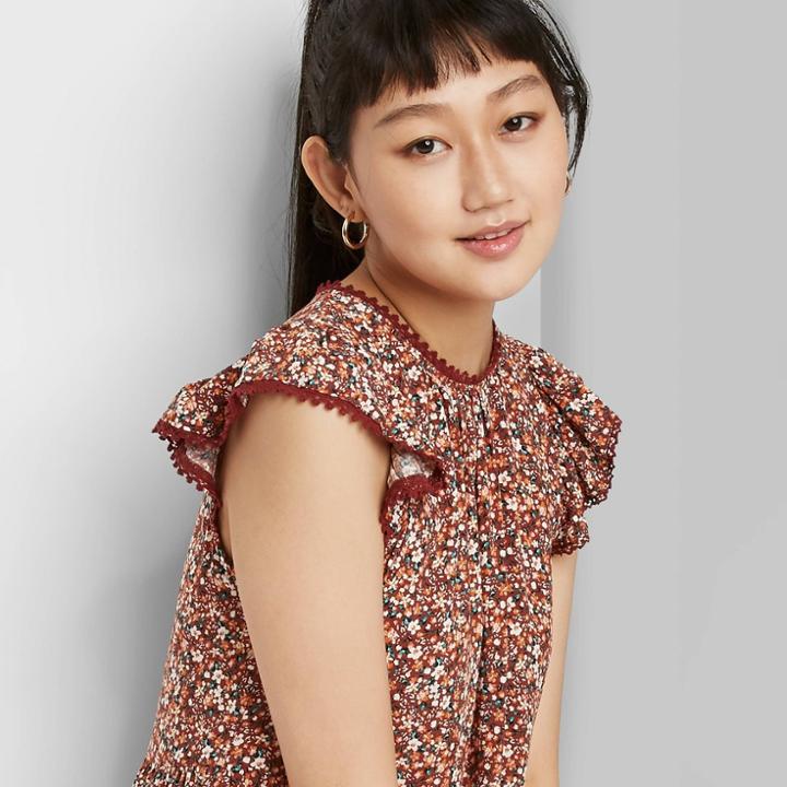 Women's Flutter Short Sleeve Trapeze Dress - Wild Fable Brown Floral
