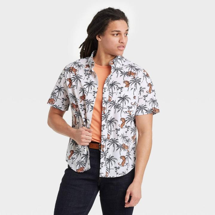 Men's Animal Print Standard Fit Stretch Poplin Short Sleeve Button-down Shirt - Goodfellow & Co Cotton White