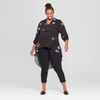 Women's Plus Size Floral Print High-low No Gap Button-down Long Sleeve Top - Ava & Viv Black