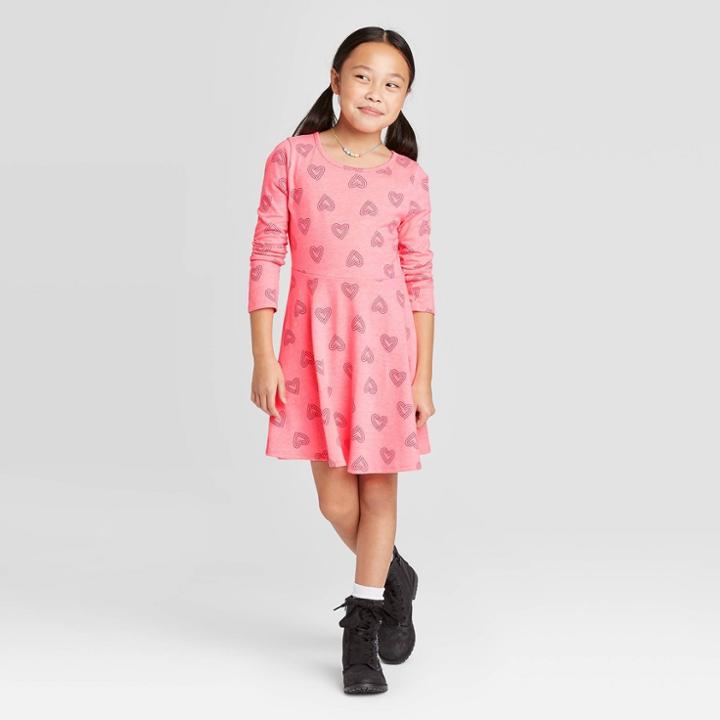 Girls' Long Sleeve Hearts Knit Dress - Cat & Jack Coral Xl, Girl's, Pink