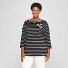 Women's Plus Size Striped Boatneck 3/4 Sleeve T-shirt - Ava & Viv Black/white X