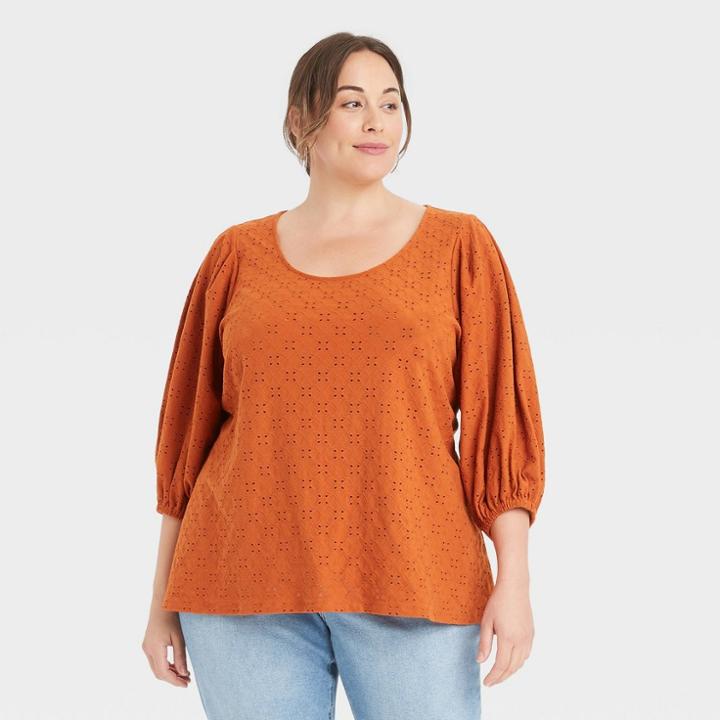 Women's Plus Size Puff Elbow Sleeve Eyelet Knit Blouse - Ava & Viv Orange X