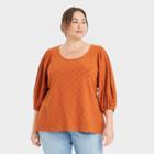 Women's Plus Size Puff Elbow Sleeve Eyelet Knit Blouse - Ava & Viv Orange X