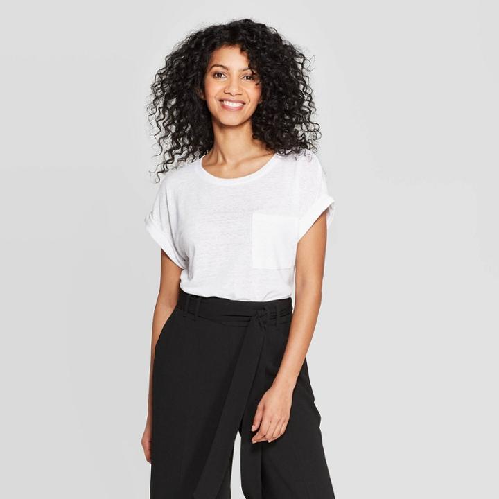 Women's Regular Fit Short Sleeve Crewneck Linen Cuff T-shirt - A New Day Fresh White