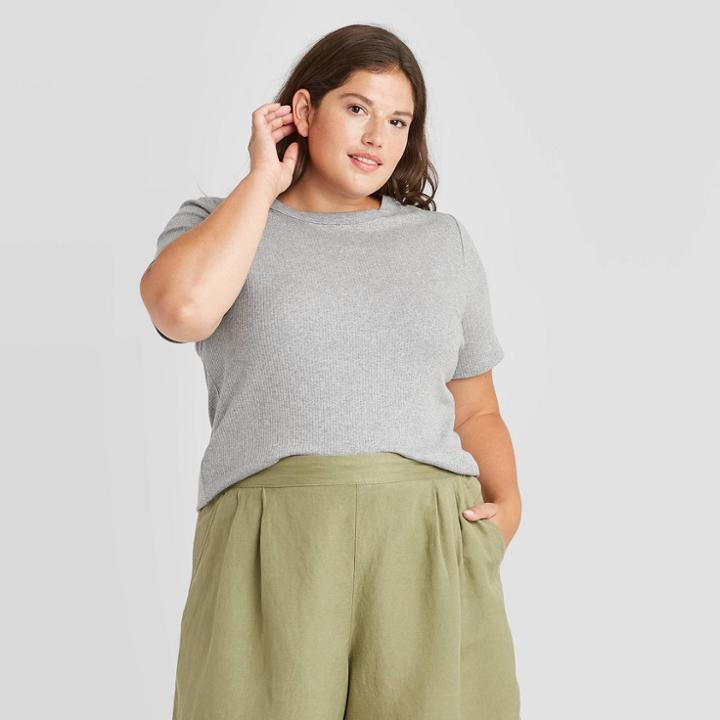 Women's Plus Size Short Sleeve Rib T-shirt - A New Day Heather Gray
