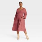 Women's Plus Size Balloon Long Sleeve Smocked Bodice Dress - Ava & Viv Rust Geometric X, Red Geometric
