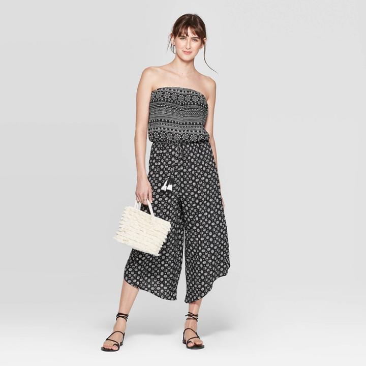 Women's Printed Strapless Square Neck Tie Waist Cropped Jumpsuit - Xhilaration Black/white