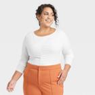 Women's Plus Size Long Sleeve Slim Fit Boat Neck Ruched Front Top - A New Day White