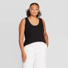 Women's Plus Size Sleeveless Scoop Neck Fitted Rib Tank - Prologue Black