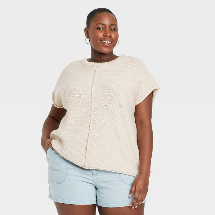 Women's Plus Size Crewneck Extended Shoulder Sweater Vest - Universal Thread Cream