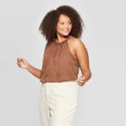 Women's Plus Size Animal Print Sleeveless Mockneck Satin Halter Top - A New Day Brown X